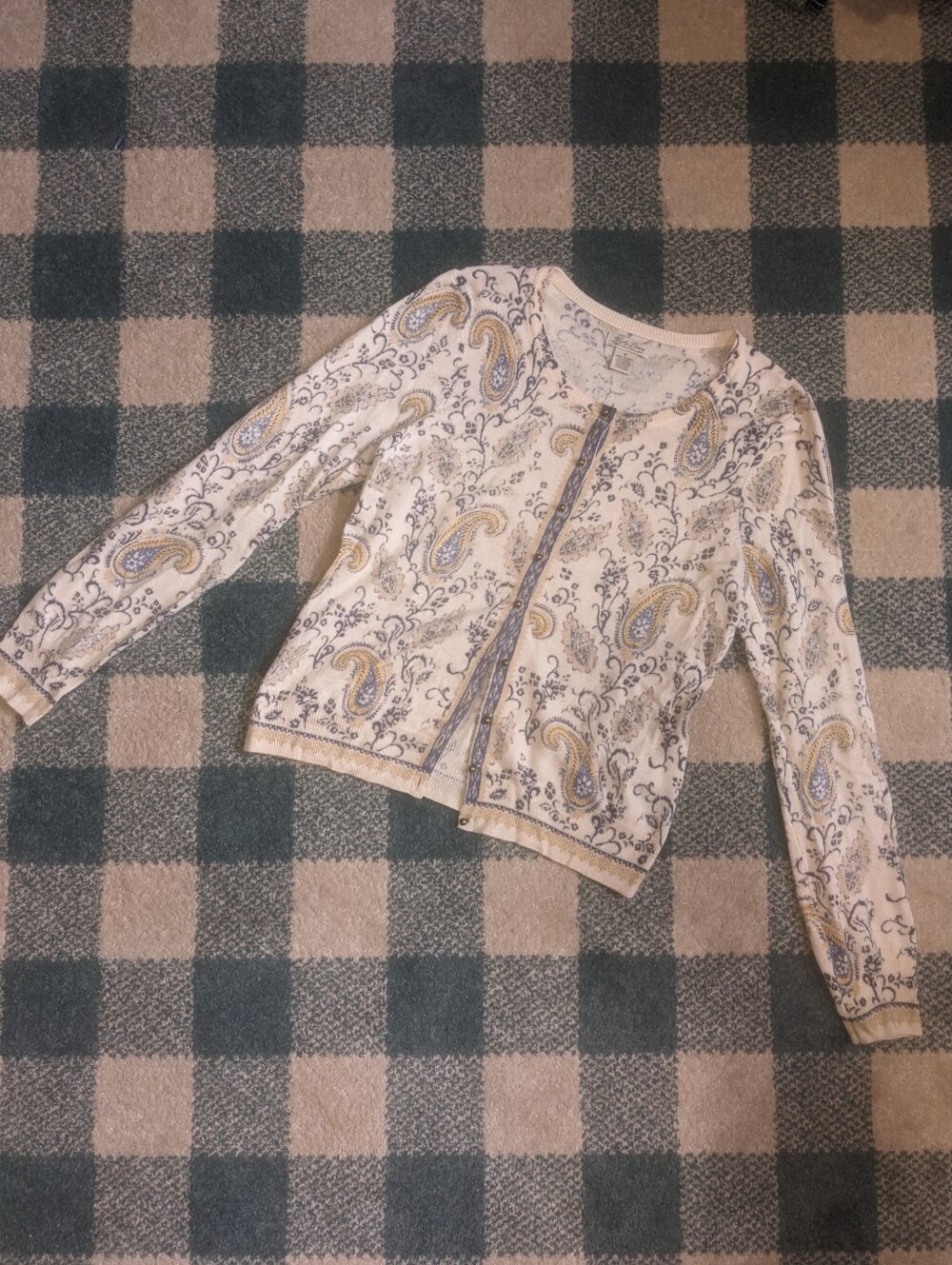 Lucky Brand Butter Yellow And Blue Paisley Wool Blend Cardigan Size M